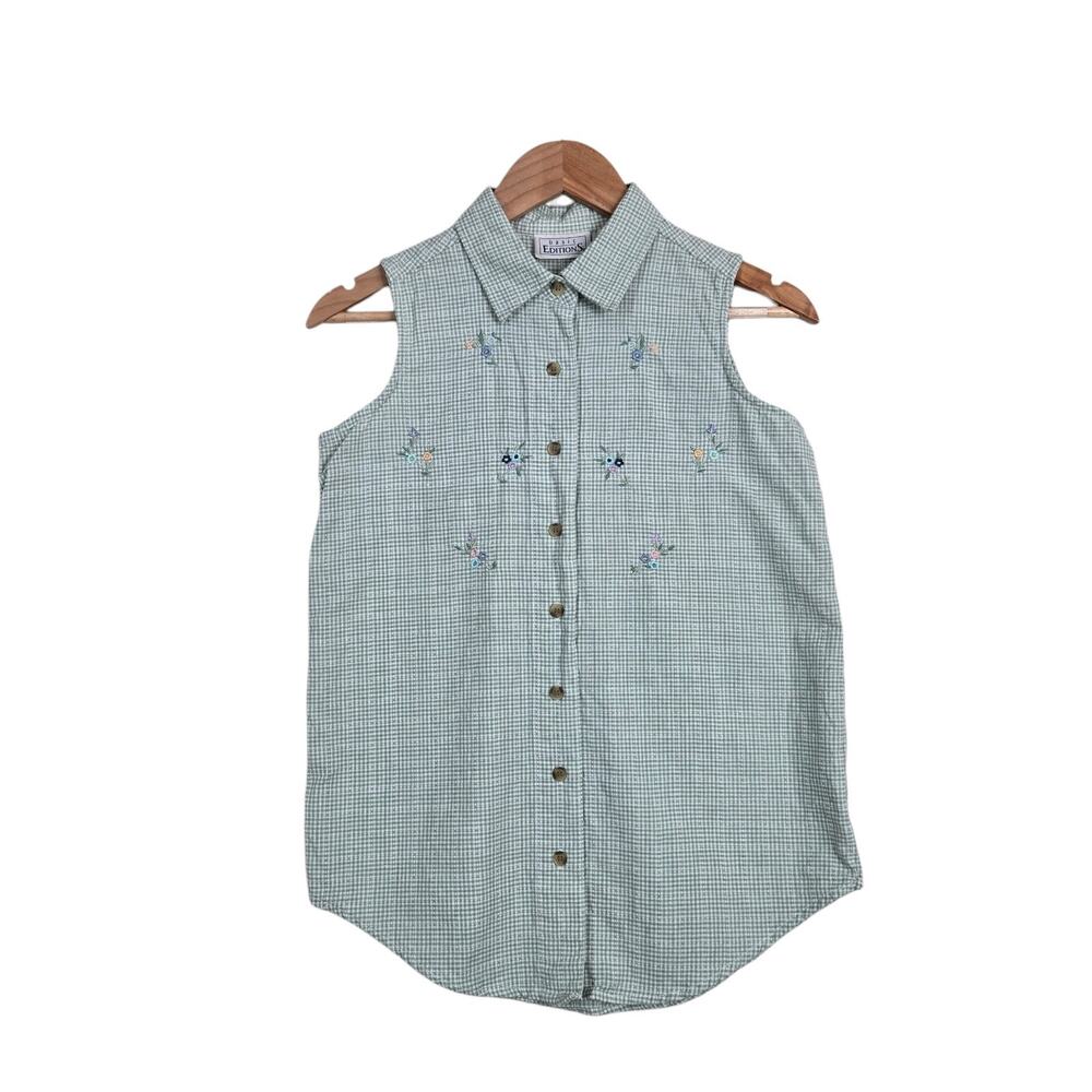 Y2K Basic Editions Gingham Sleeveless Top S Green Embroidered Cottagecore Garden